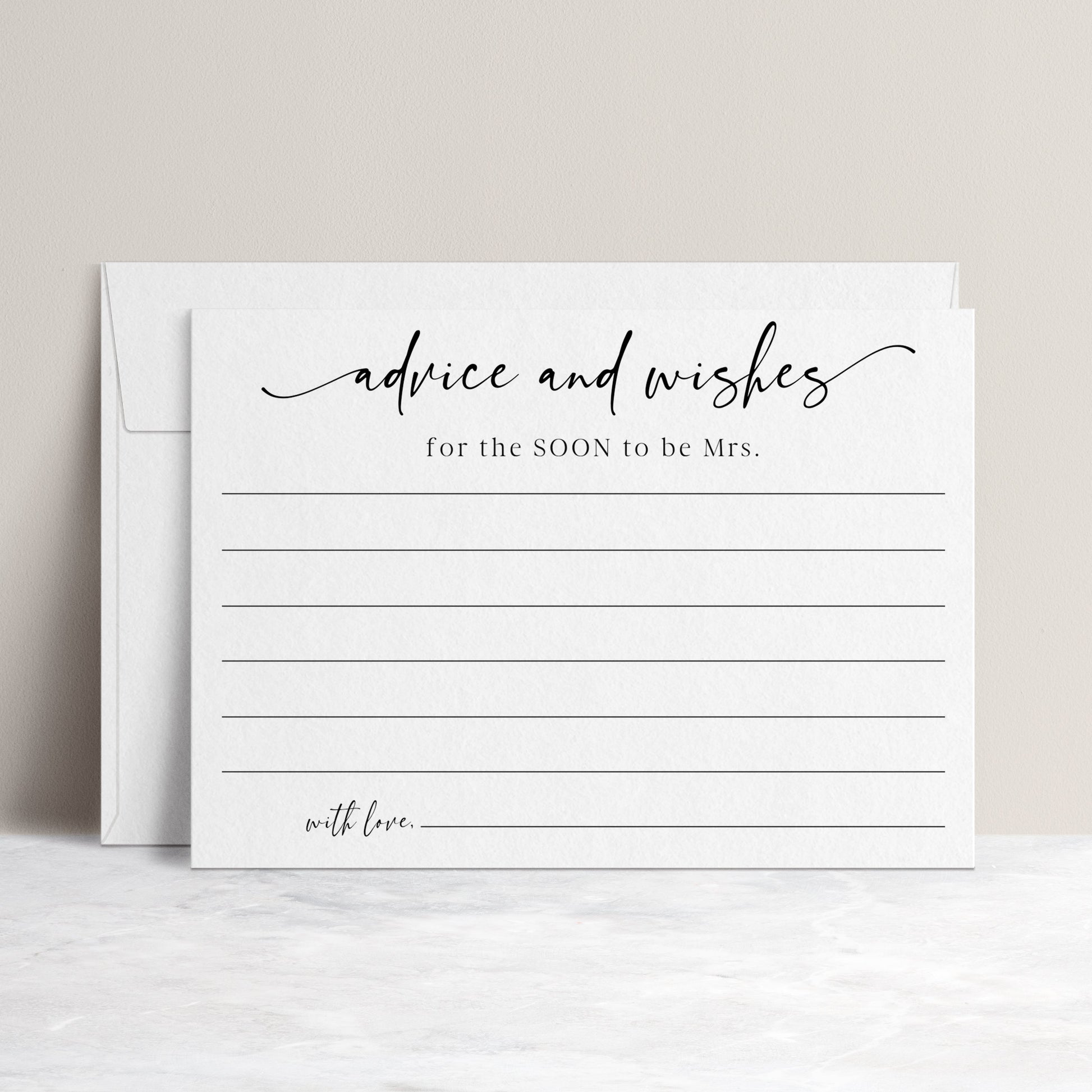 Minimalist black and white advice and wishes bridal shower card template with calligraphy script and writing lines, editable in Canva