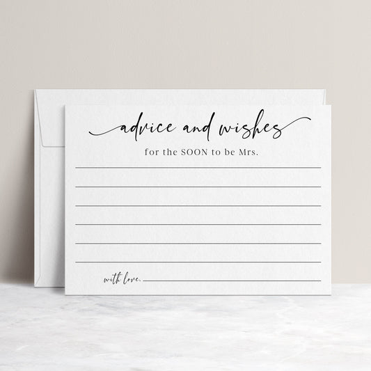 Minimalist black and white advice and wishes bridal shower card template with calligraphy script and writing lines, editable in Canva