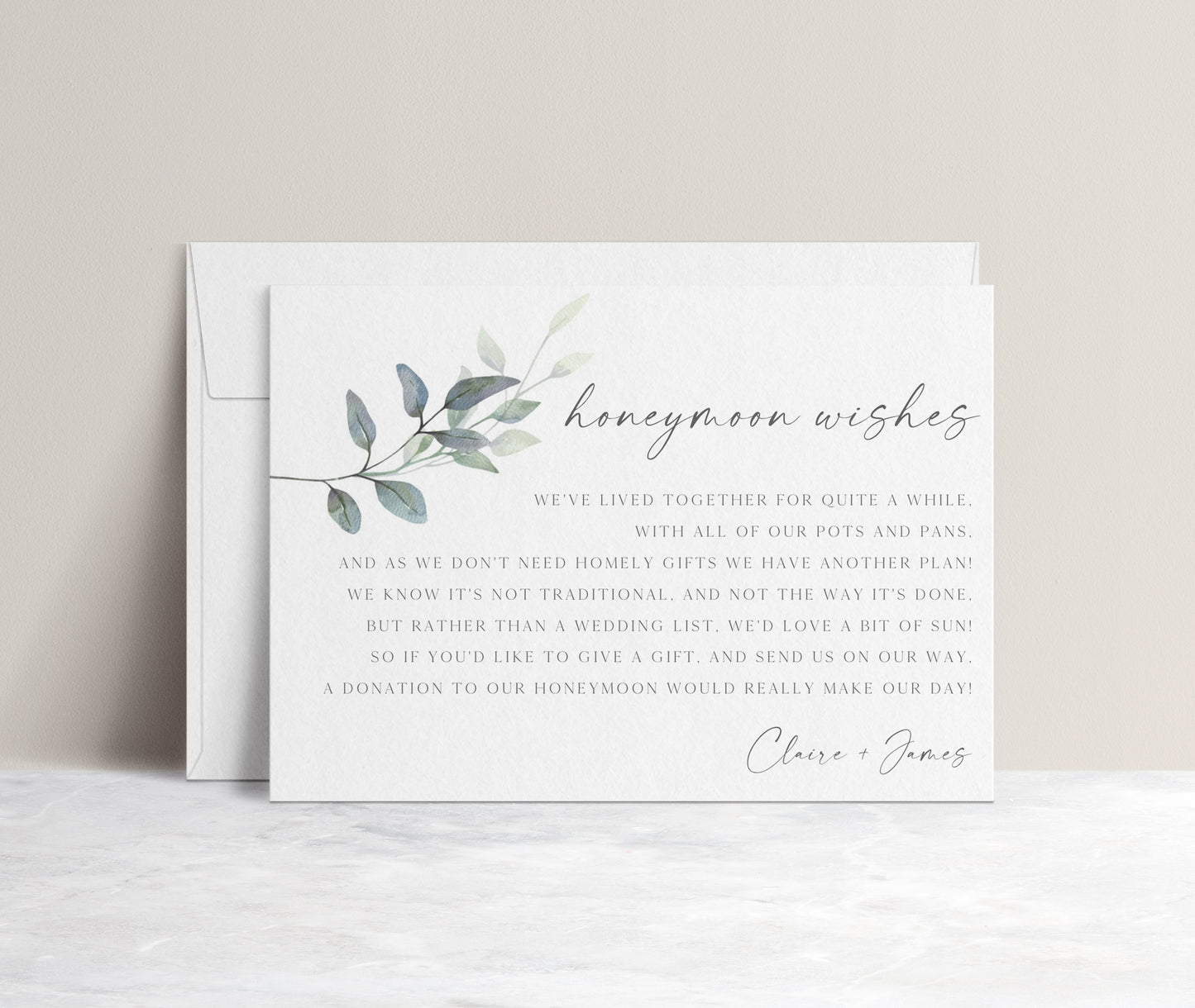 Greenery botanical honeymoon wishes card template with watercolor eucalyptus branch and calligraphy script, editable in Canva