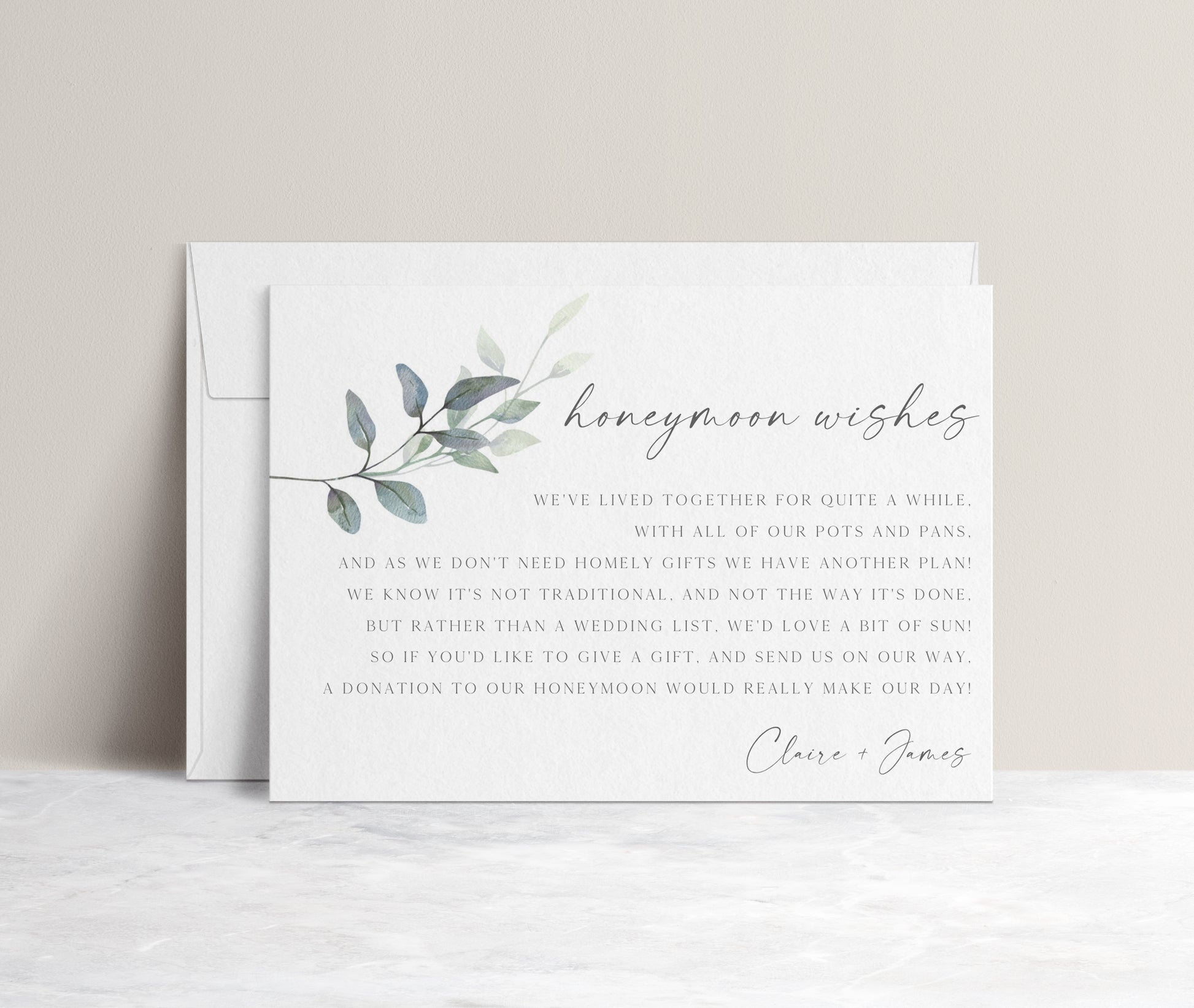 Greenery botanical honeymoon wishes card template with watercolor eucalyptus branch and calligraphy script, editable in Canva