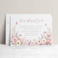 Editable wildflower books for baby request card Canva template with watercolour roses, lavender, daisies, and butterfly details on a white background, landscape orientation
