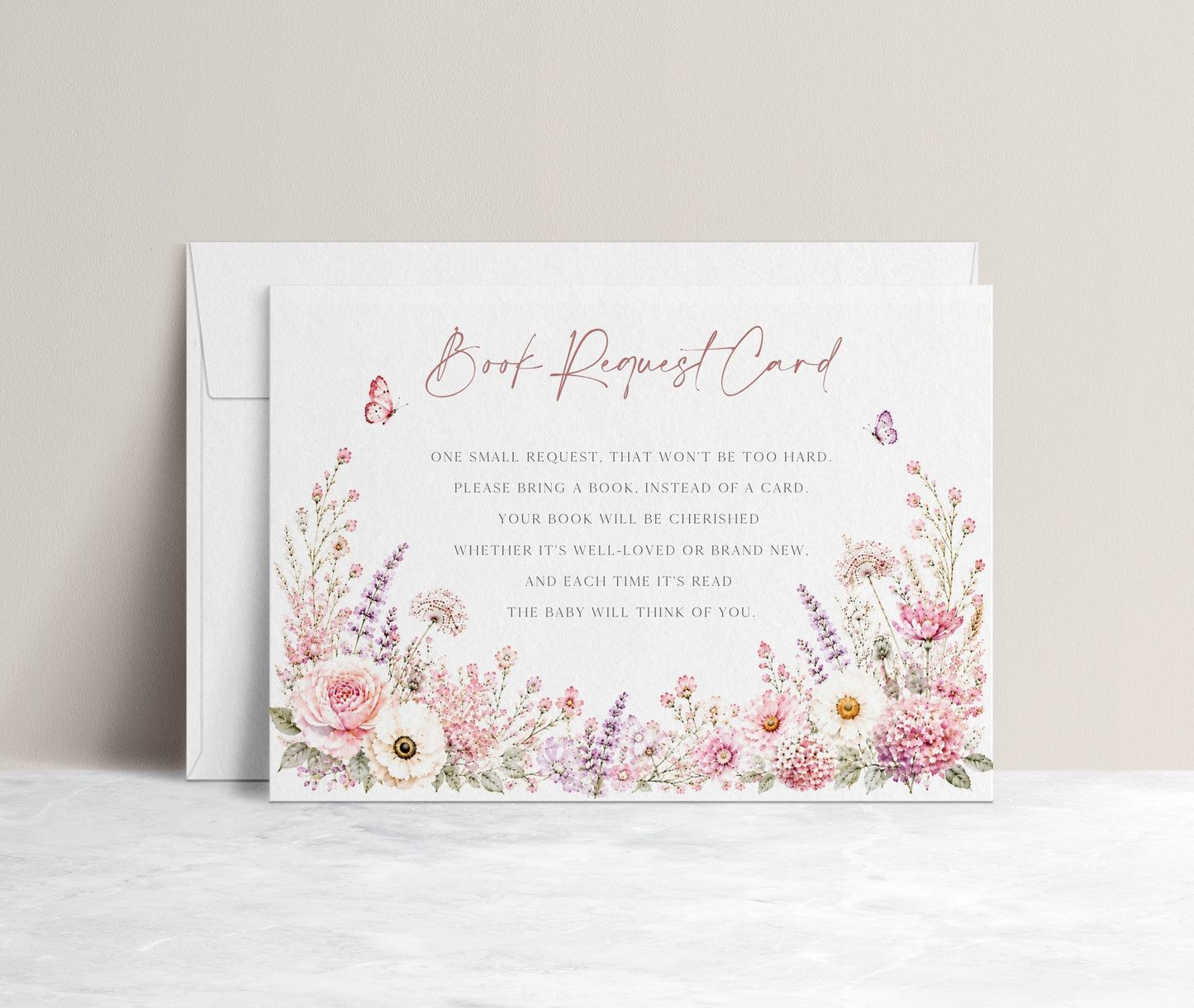 Editable wildflower books for baby request card Canva template with watercolour roses, lavender, daisies, and butterfly details on a white background, landscape orientation