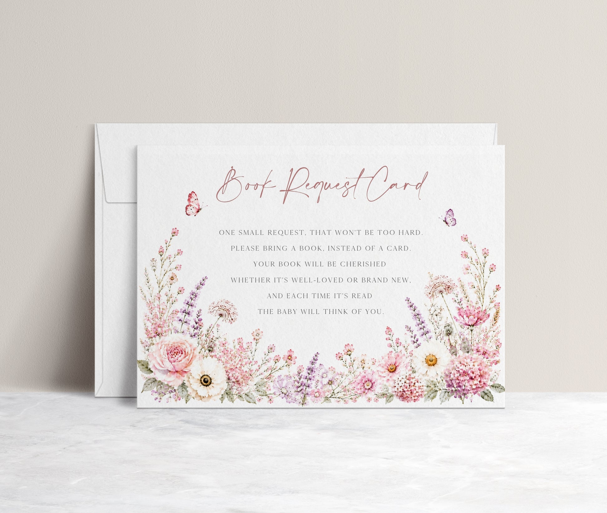 Editable wildflower books for baby request card Canva template with watercolour roses, lavender, daisies, and butterfly details on a white background, landscape orientation