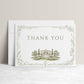 Garden estate wedding folded thank you card template with watercolor estate illustration and delicate sage botanical vine border, editable in Canva