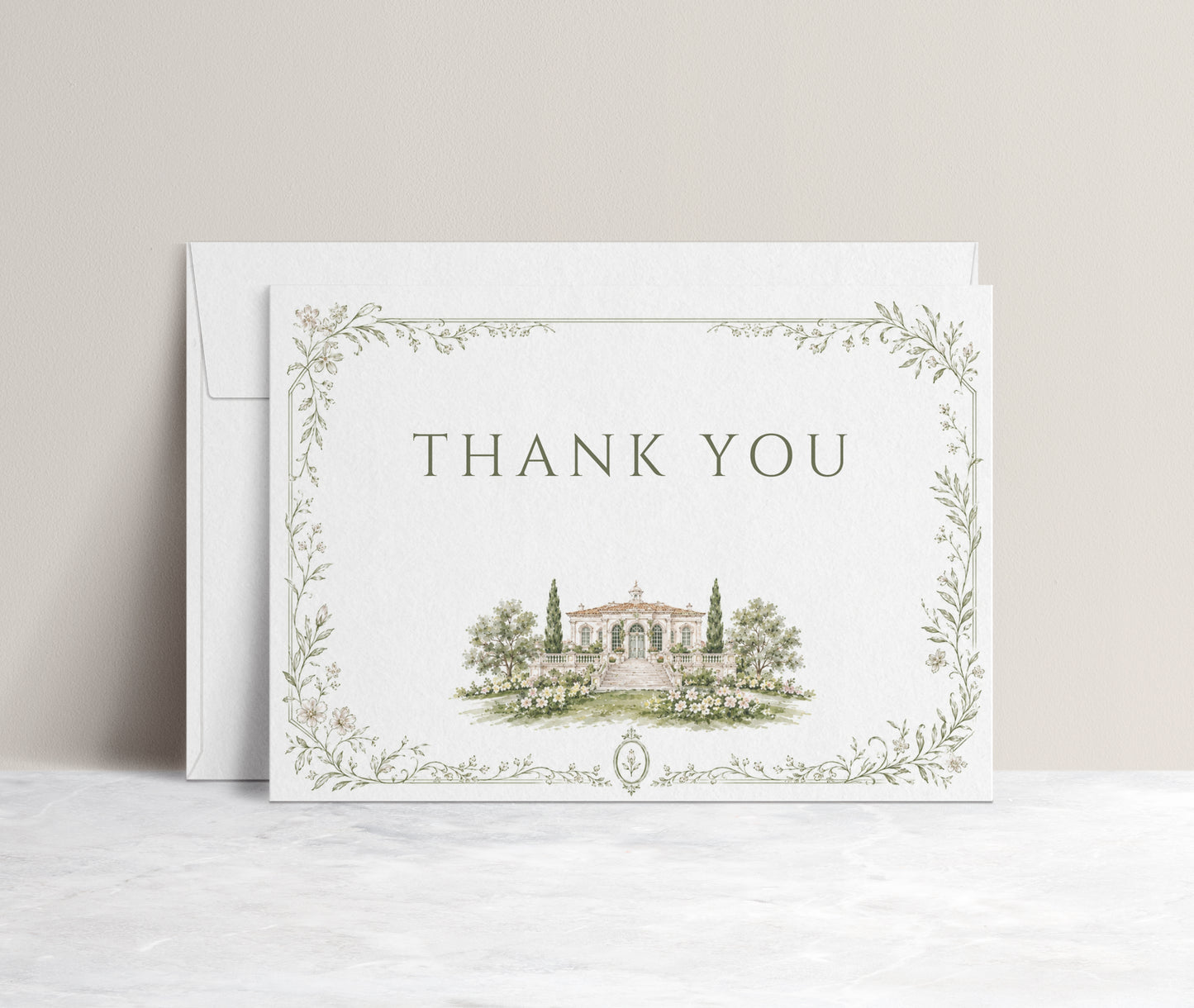 Garden estate wedding folded thank you card template with watercolor estate illustration and delicate sage botanical vine border, editable in Canva