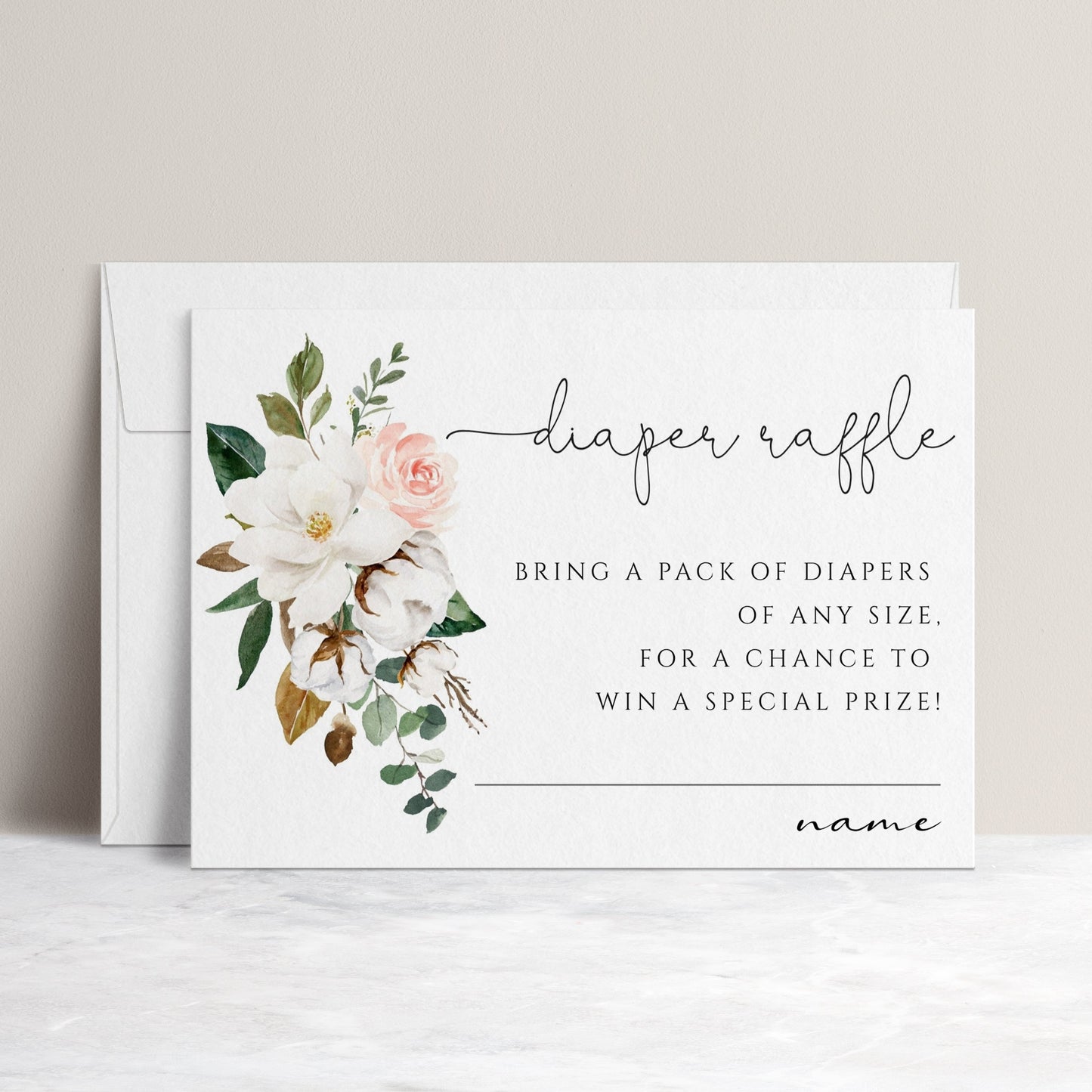 Magnolia floral baby shower diaper raffle card template with watercolor magnolias, blush roses, and cotton blooms, editable in Canva