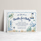 Editable under the sea books for baby card Canva template with watercolour sea turtle, whale, octopus, seahorse, sailboat, shells, and starfish in soft blue tones on a white background with wave border, landscape orientation