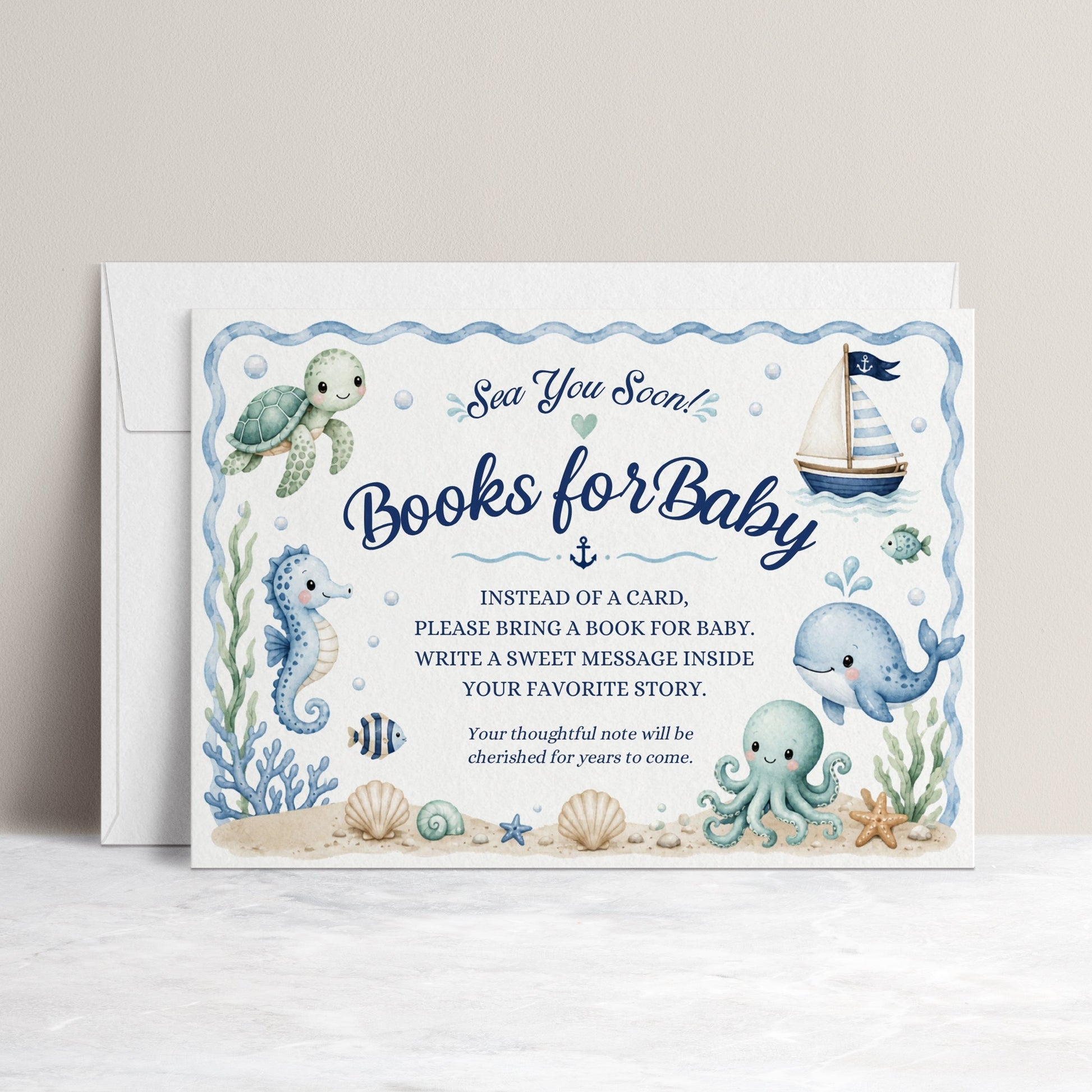 Editable under the sea books for baby card Canva template with watercolour sea turtle, whale, octopus, seahorse, sailboat, shells, and starfish in soft blue tones on a white background with wave border, landscape orientation