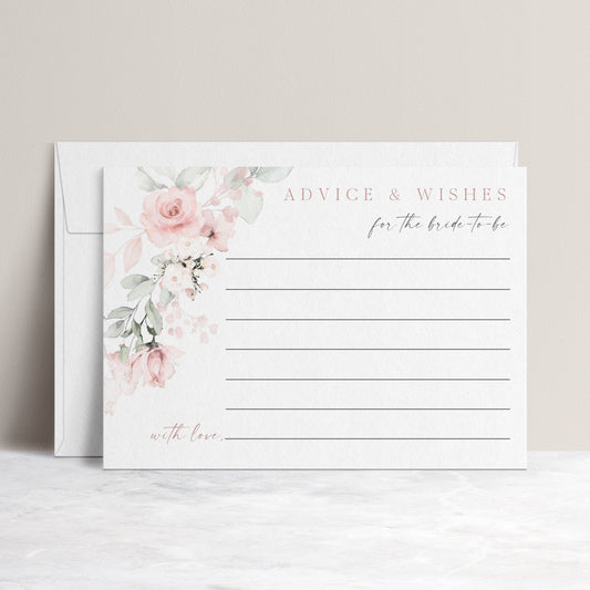 Blush pink floral advice and wishes for the bride card template with watercolor roses and sage greenery, editable in Canva