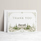 Elegant European style wedding folded thank you card template with watercolor stone building, white roses, cypress trees and sage green ornate border, editable in Canva
