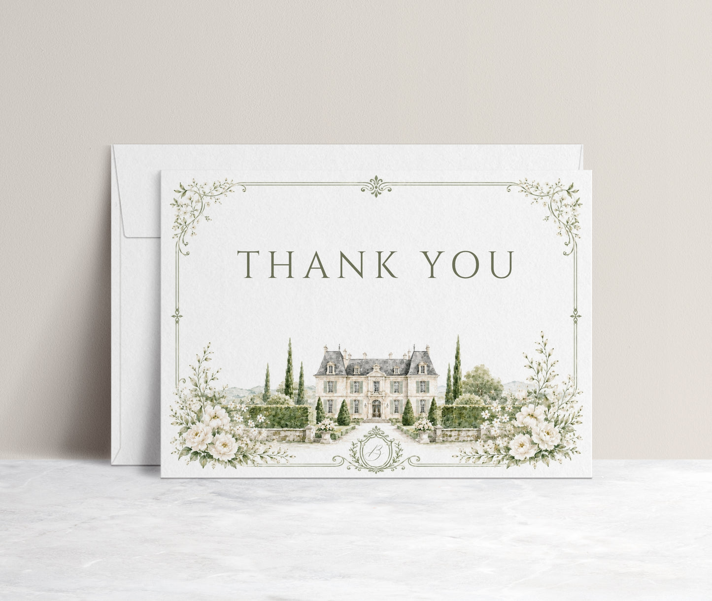 Elegant European style wedding folded thank you card template with watercolor stone building, white roses, cypress trees and sage green ornate border, editable in Canva