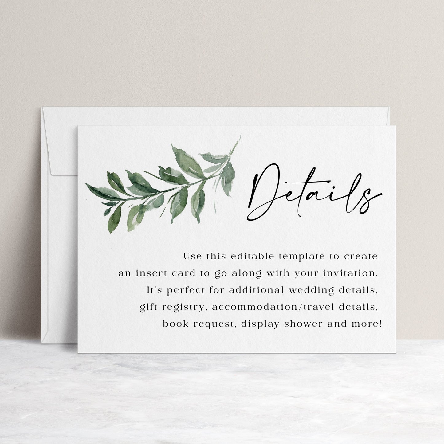 Greenery botanical wedding details enclosure insert card template with watercolor leaf branch and calligraphy script, editable in Canva