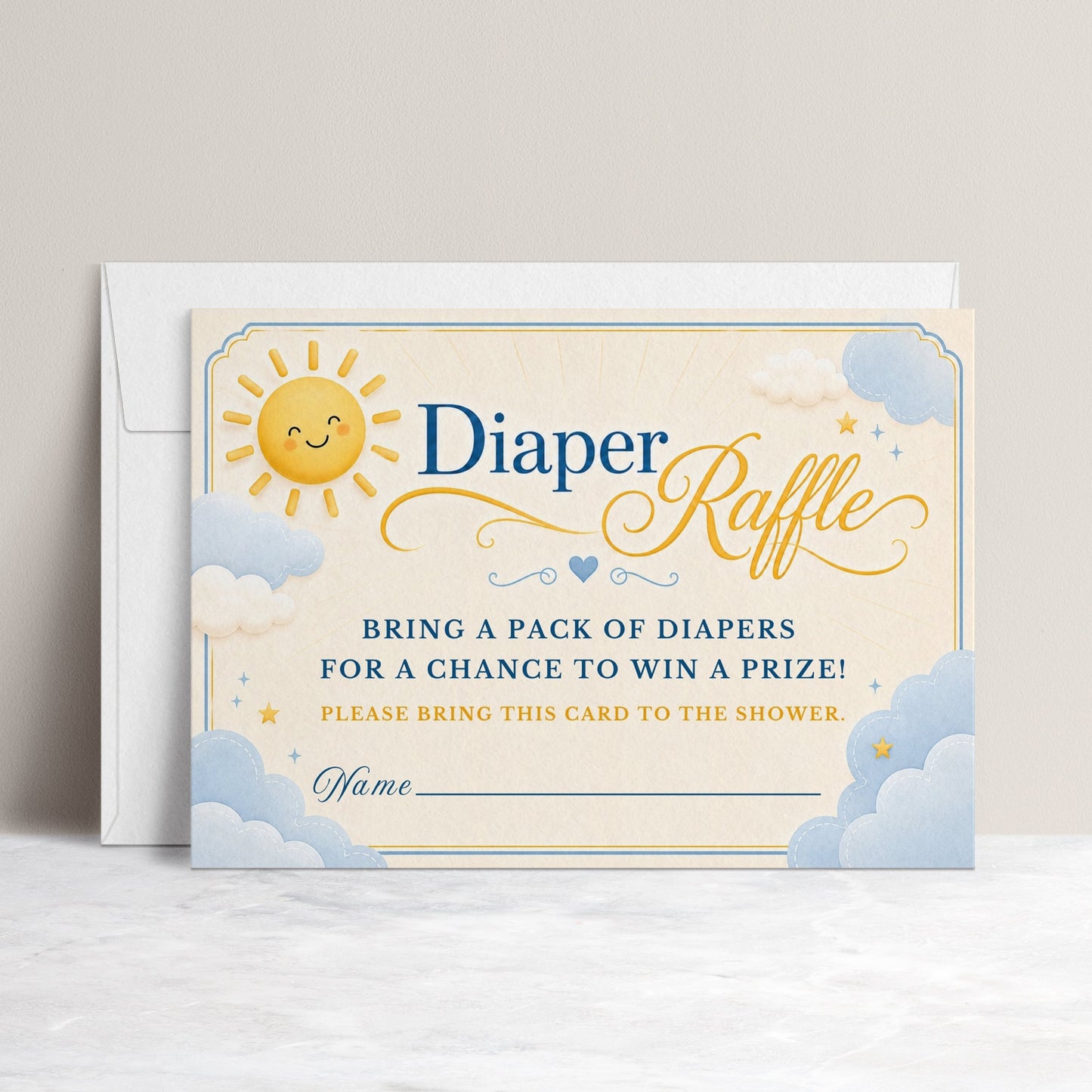 Editable here comes the son diaper raffle card Canva template with smiling sun, fluffy blue and white clouds, gold star accents, and navy and golden script typography on a warm cream background, landscape orientation