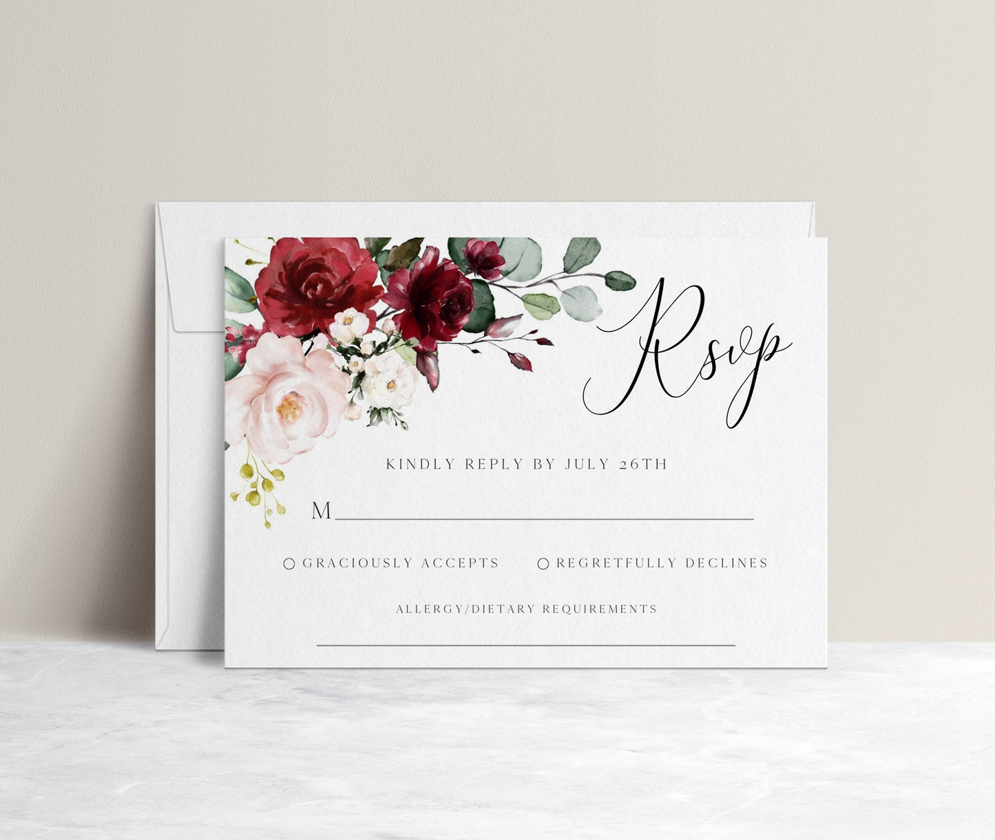 Burgundy floral wedding RSVP reply card template with watercolor roses in burgundy, blush, and cream with sage greenery, editable in Canva