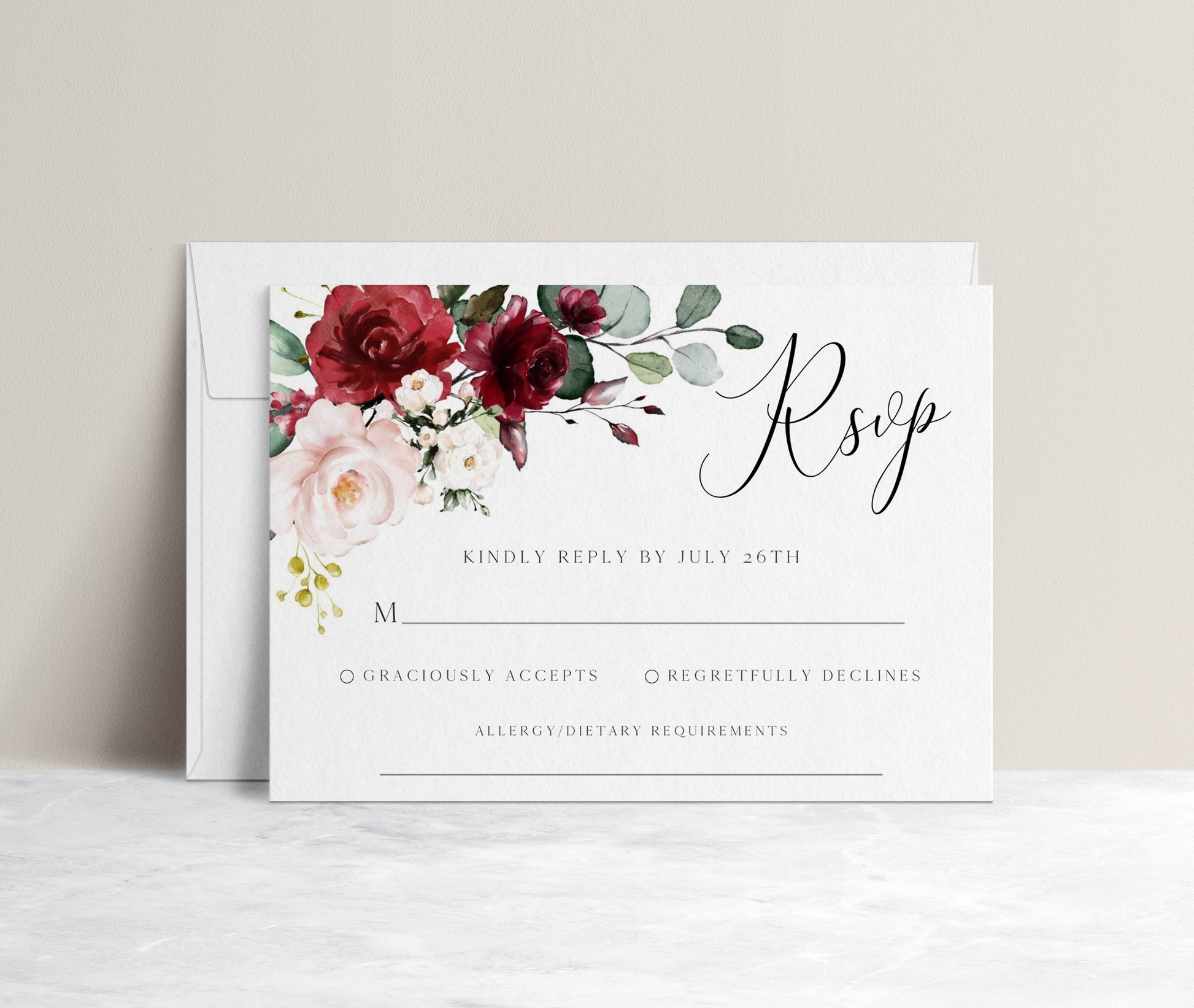 Burgundy floral wedding RSVP reply card template with watercolor roses in burgundy, blush, and cream with sage greenery, editable in Canva