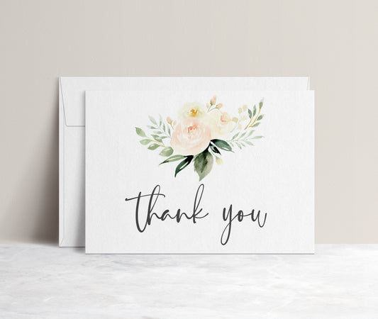 Blush floral folded thank you card template with watercolor roses and peonies in blush pink and cream with sage greenery, editable in Canva