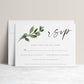 Greenery eucalyptus wedding RSVP reply card template with watercolor eucalyptus branch and calligraphy script, editable in Canva