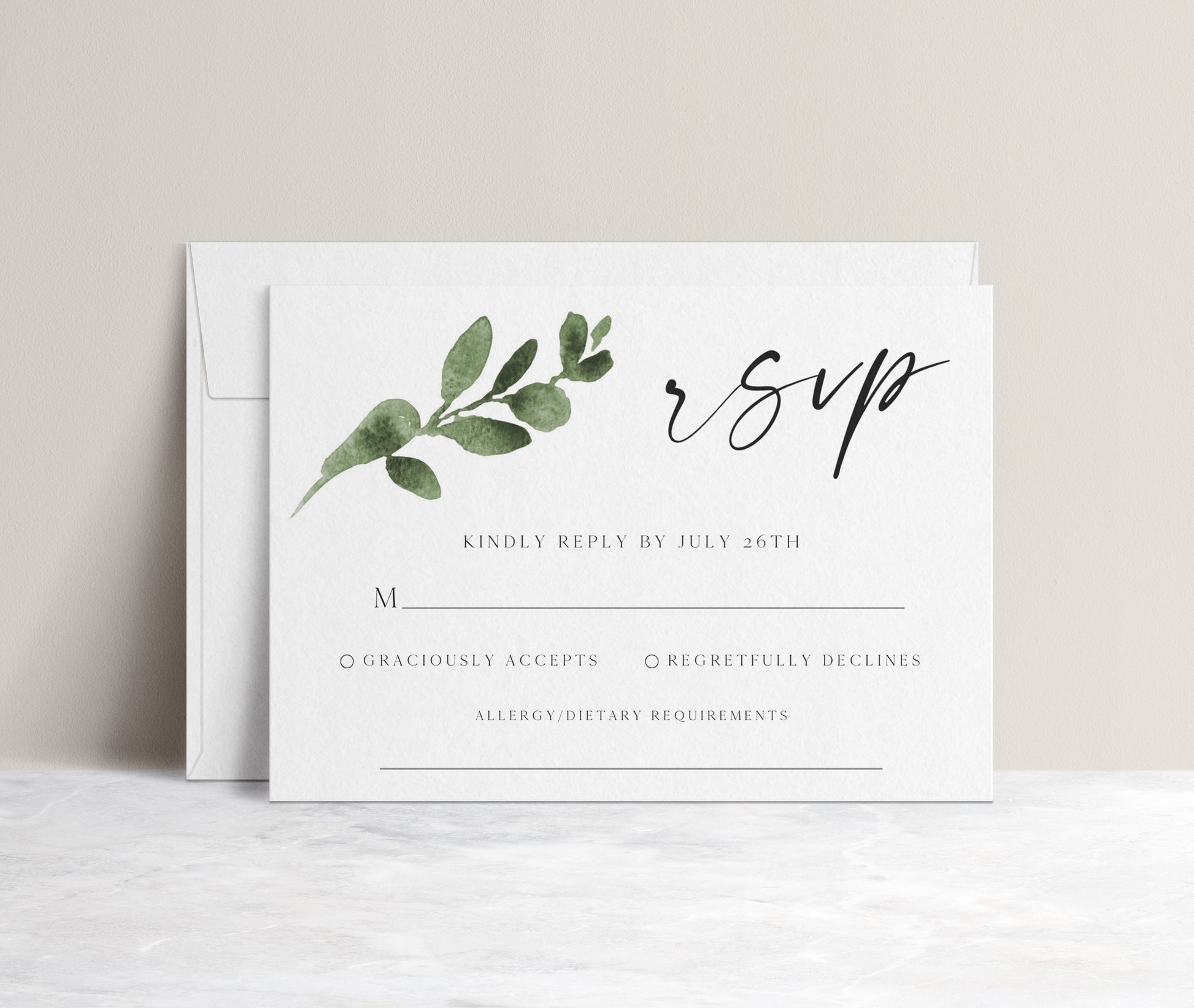 Greenery eucalyptus wedding RSVP reply card template with watercolor eucalyptus branch and calligraphy script, editable in Canva