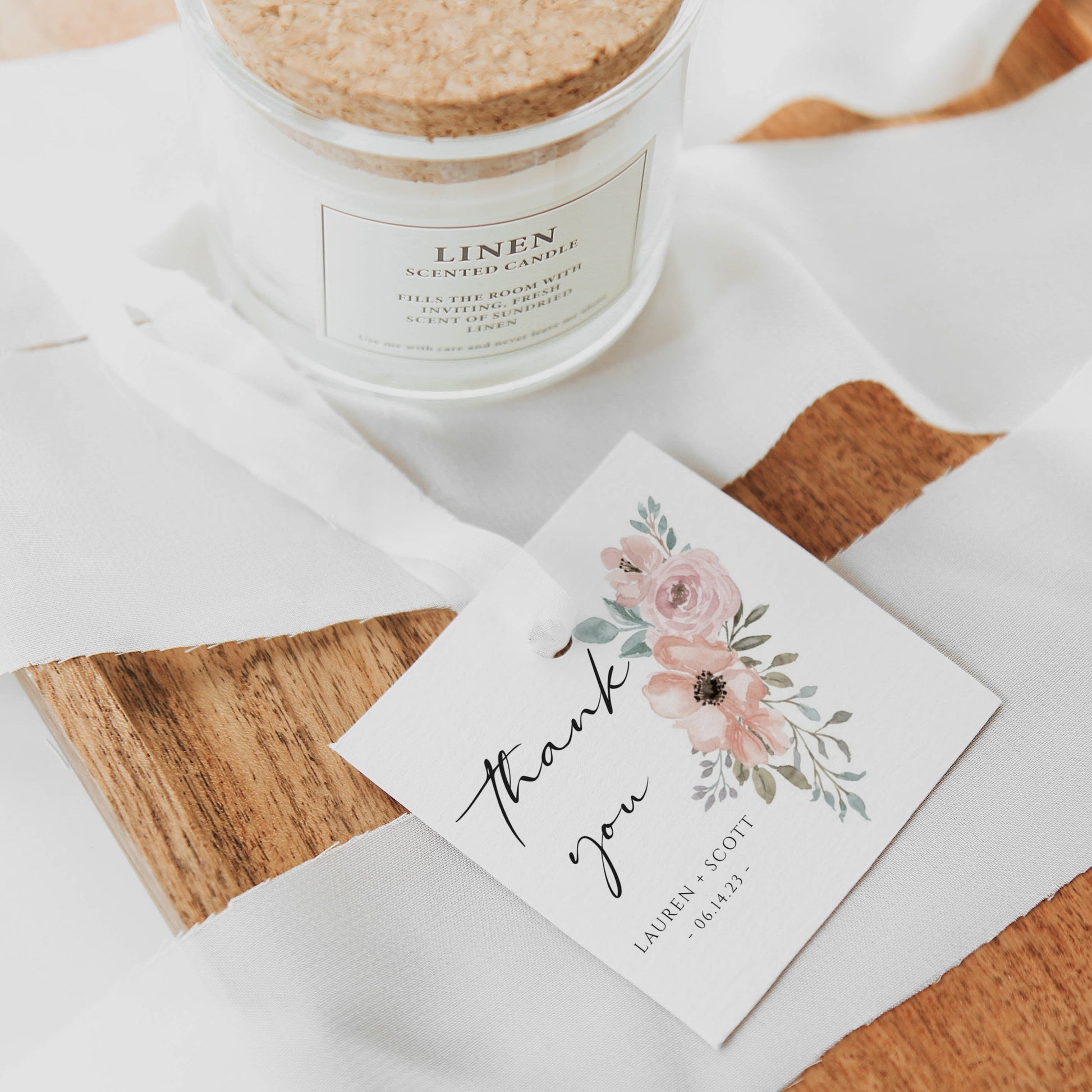 Dusty rose floral thank you gift tag template with watercolor anemones and roses in peach and mauve with sage greenery, editable in Canva
