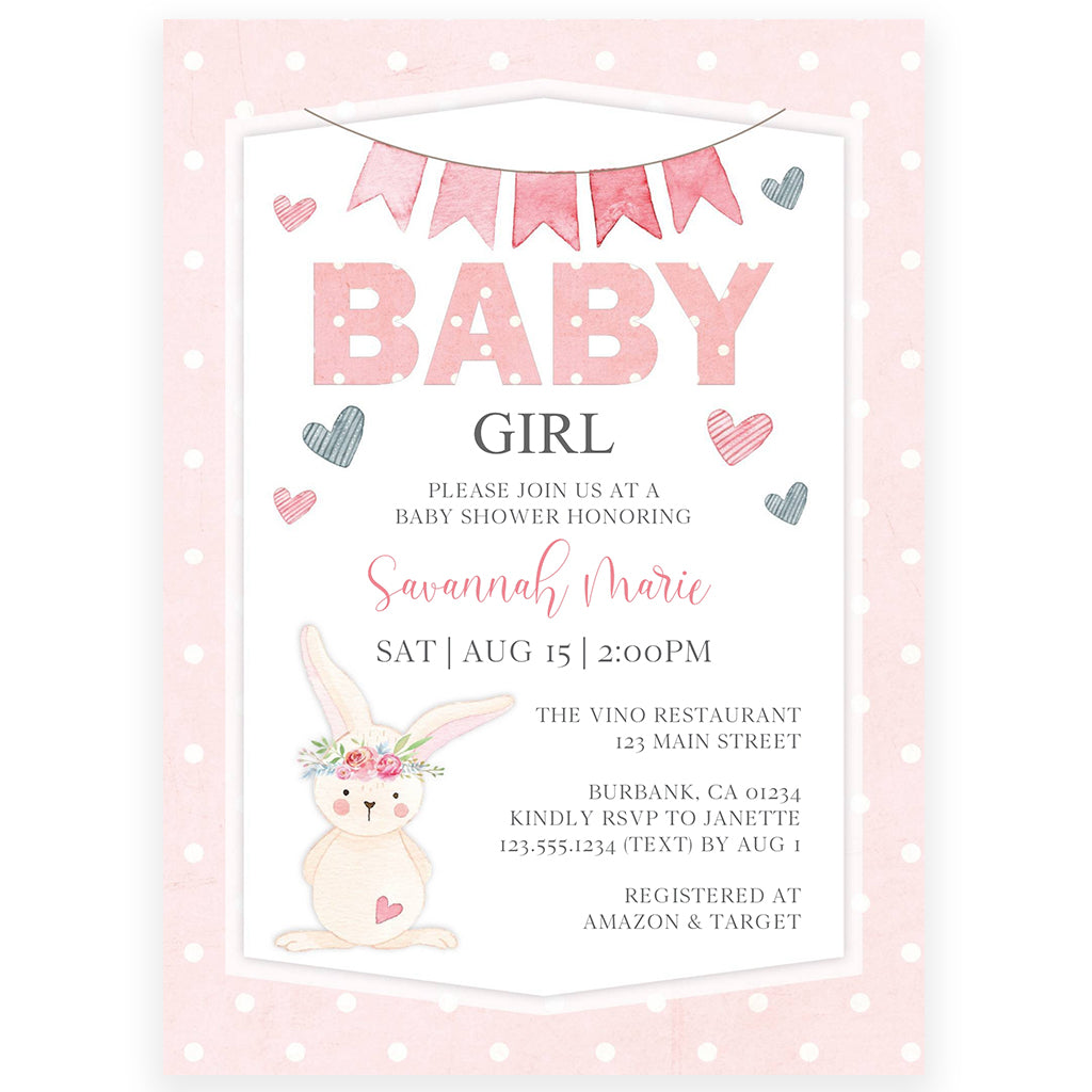 Bunny Baby Girl Shower Invitation | www.foreveryourprints.com