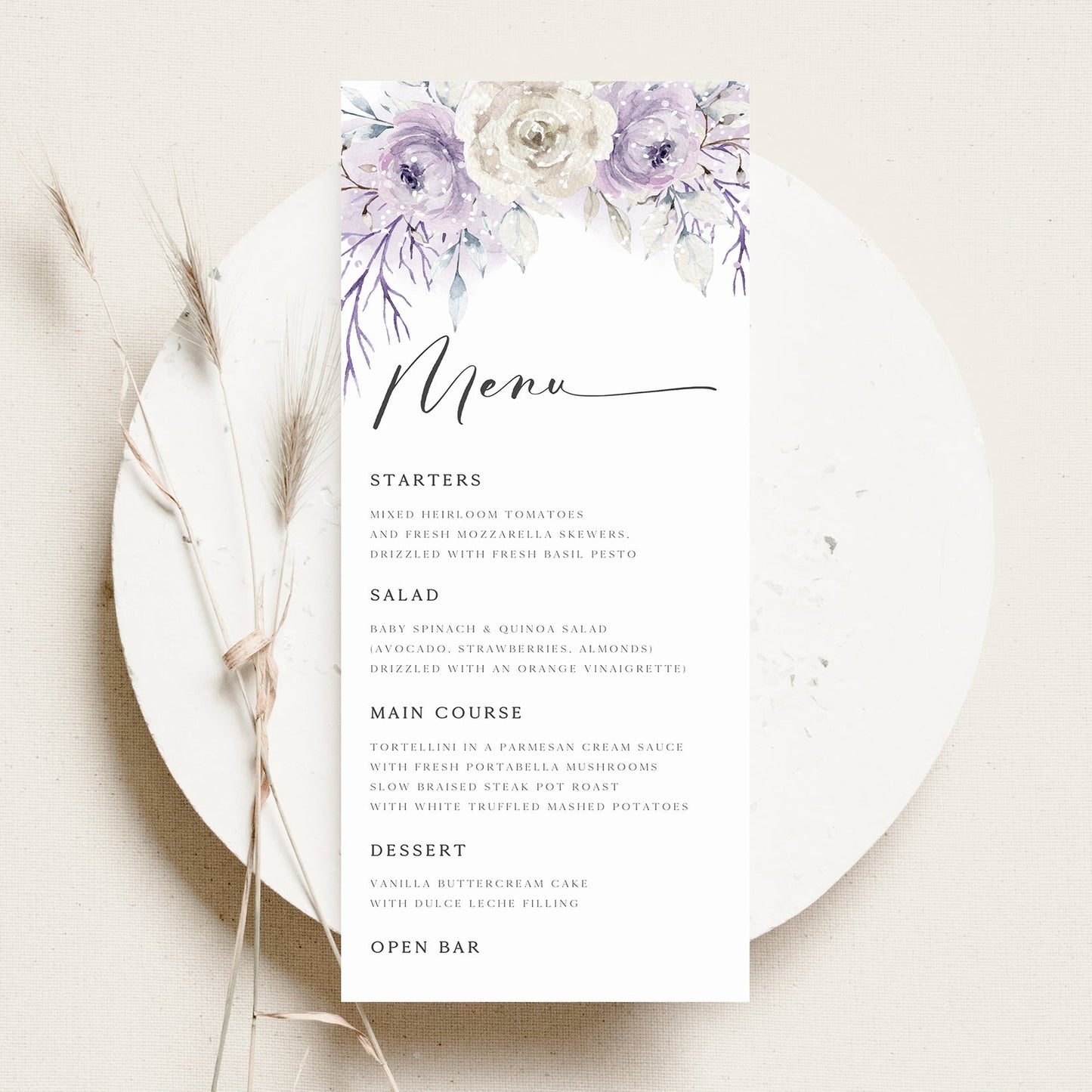 Lavender Floral Menu Card | www.foreveryourprints.com