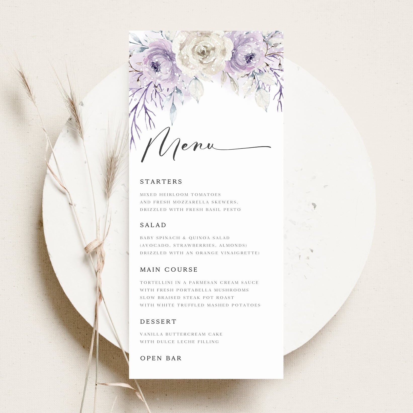 Lavender Floral Menu Card | www.foreveryourprints.com