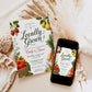 Locally grown baby shower invitation with garden vegetables, fruit, and a farm fresh crate in green, red, and orange