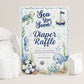 Editable under the sea diaper raffle card Canva template with watercolour sea turtle, whale, octopus, seahorse, sailboat, shells, and starfish in soft blue tones on a white background with wave border