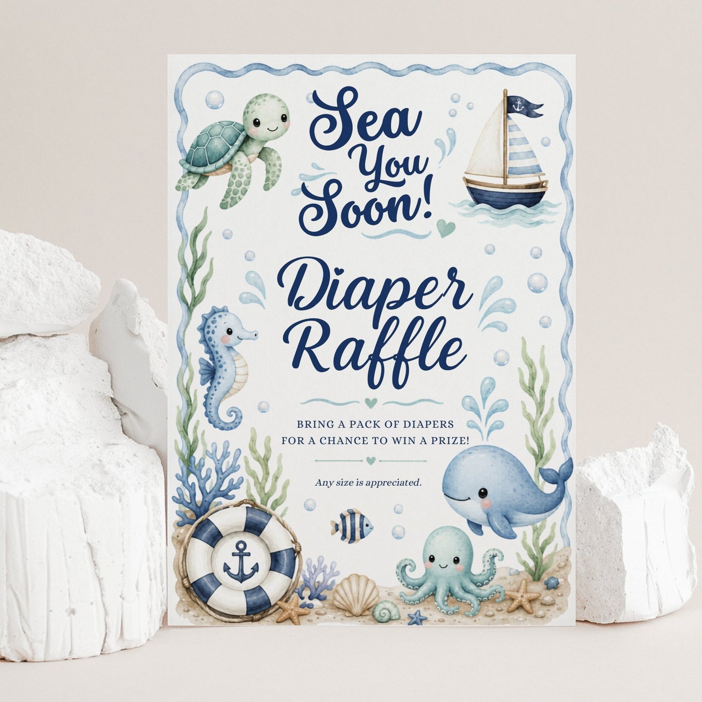 Editable under the sea diaper raffle card Canva template with watercolour sea turtle, whale, octopus, seahorse, sailboat, shells, and starfish in soft blue tones on a white background with wave border