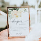 Peach floral baby shower diaper raffle sign template with watercolor peach roses and sage greenery botanicals, editable in Canva