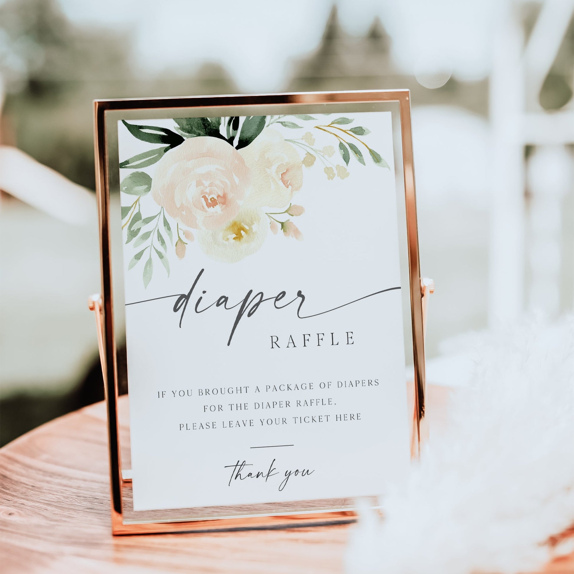 Peach floral baby shower diaper raffle sign template with watercolor peach roses and sage greenery botanicals, editable in Canva