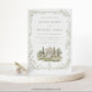 Garden estate wedding invitation template with watercolor estate illustration, delicate sage botanical vine border and elegant typography, editable in Canva