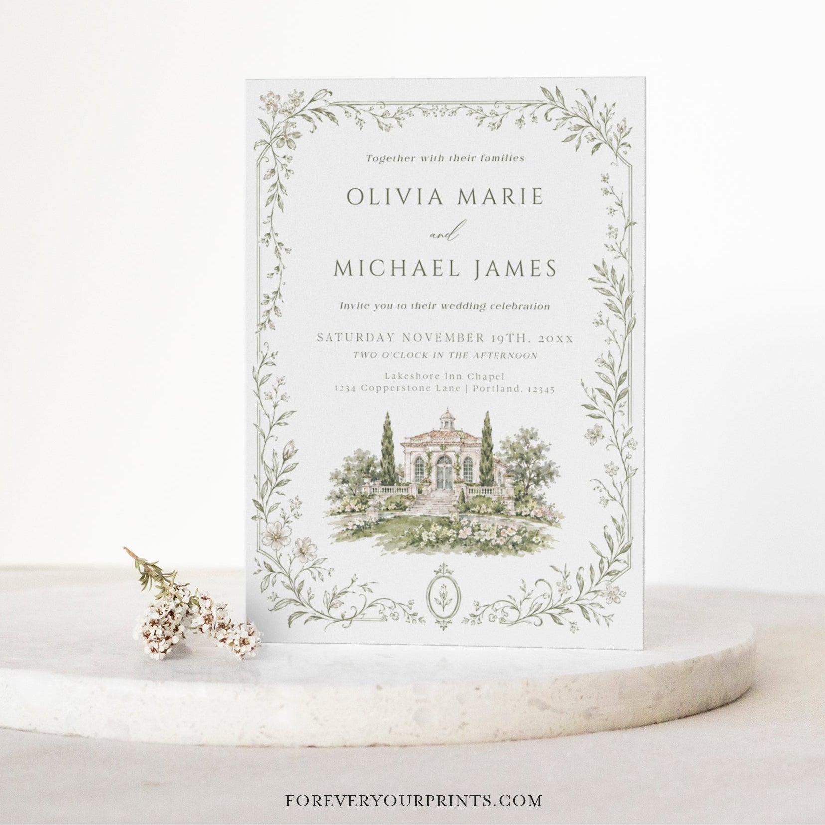 Garden estate wedding invitation template with watercolor estate illustration, delicate sage botanical vine border and elegant typography, editable in Canva