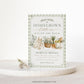 Editable homegrown baby shower invitation Canva template with watercolour baby overalls, daisy basket, carrots, market tote, sage gingham background, and olive branch accents