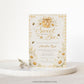Editable sweet as can bee baby shower invitation Canva template with watercolour honey jar, white daisies, bumble bees, and gold script typography on a butter yellow gingham background