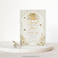 Editable sage green sweet as can bee baby shower invitation Canva template with watercolour honey jar, white daisies, bumble bees, and gold script typography on a sage gingham background