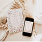Editable baby in bloom wildflower baby shower invitation Canva template with watercolour roses, cosmos, lavender, and butterfly details framing a blush arch, shown with front and back of card