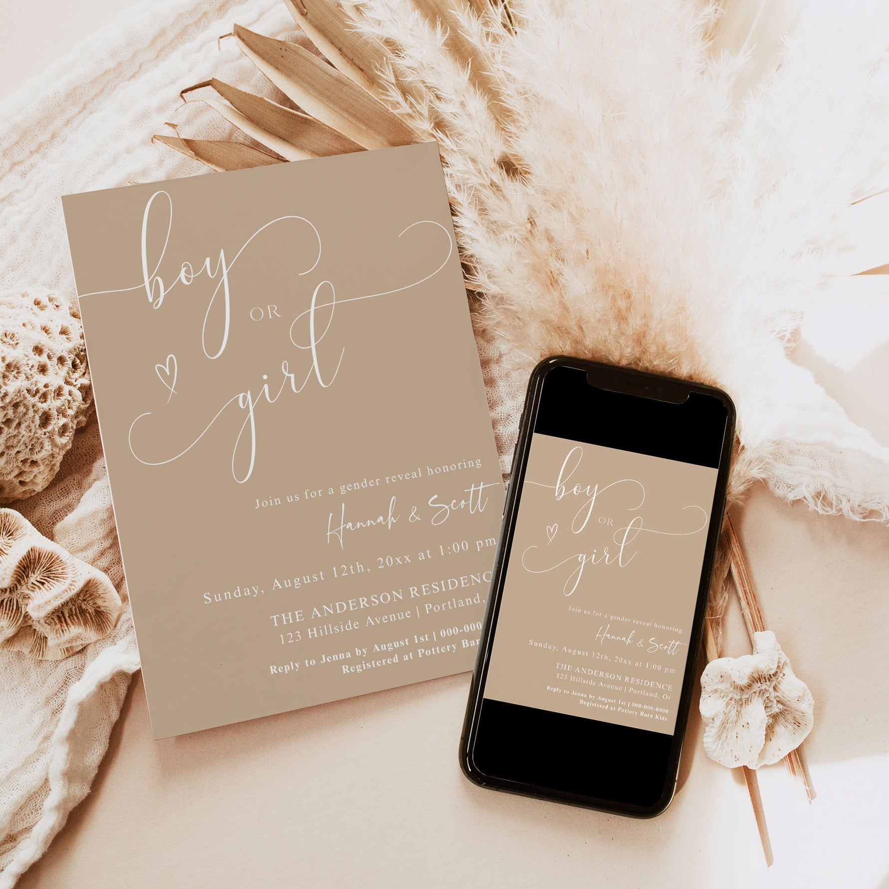 Boy or girl gender reveal invitation with elegant script lettering on a soft beige background