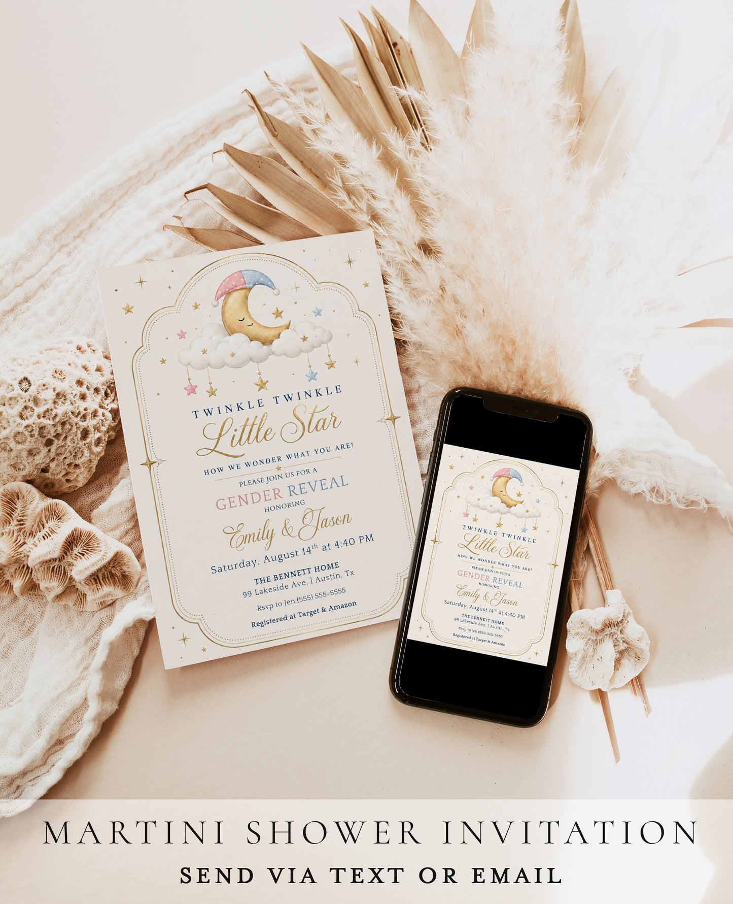 Moon and stars gender reveal invitation with a sleeping moon, clouds, and hanging stars in pink, blue, and gold