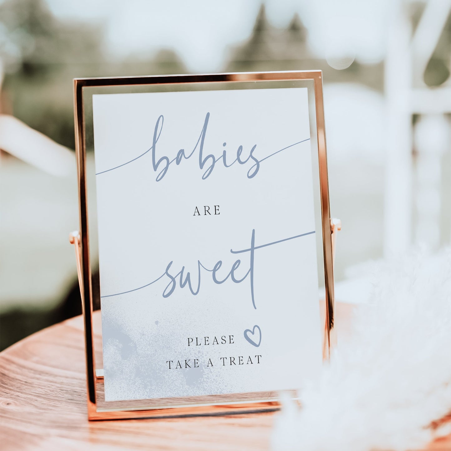 Minimalist blue dessert table sign for gender reveal | www.foreveryourprints.com