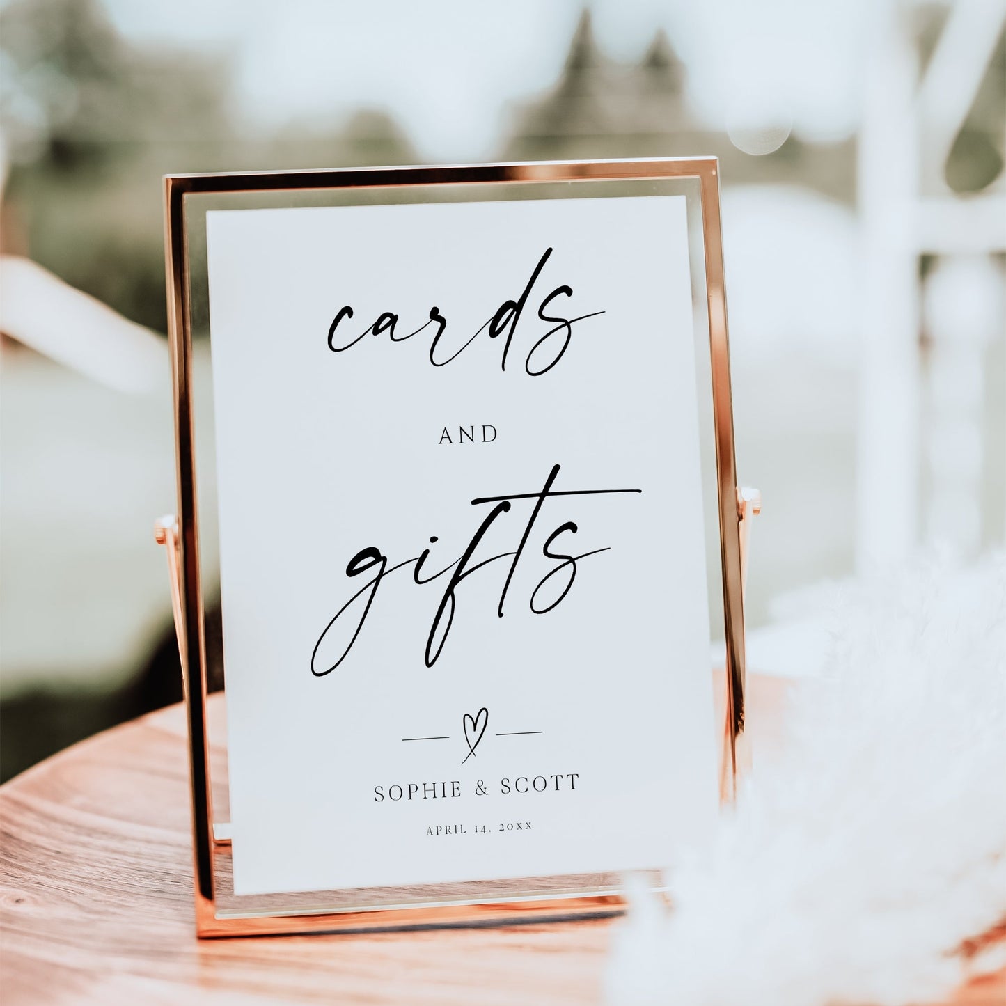 Minimalist black and white wedding cards and gifts sign template with oversized calligraphy script and elegant typography, editable in Canva