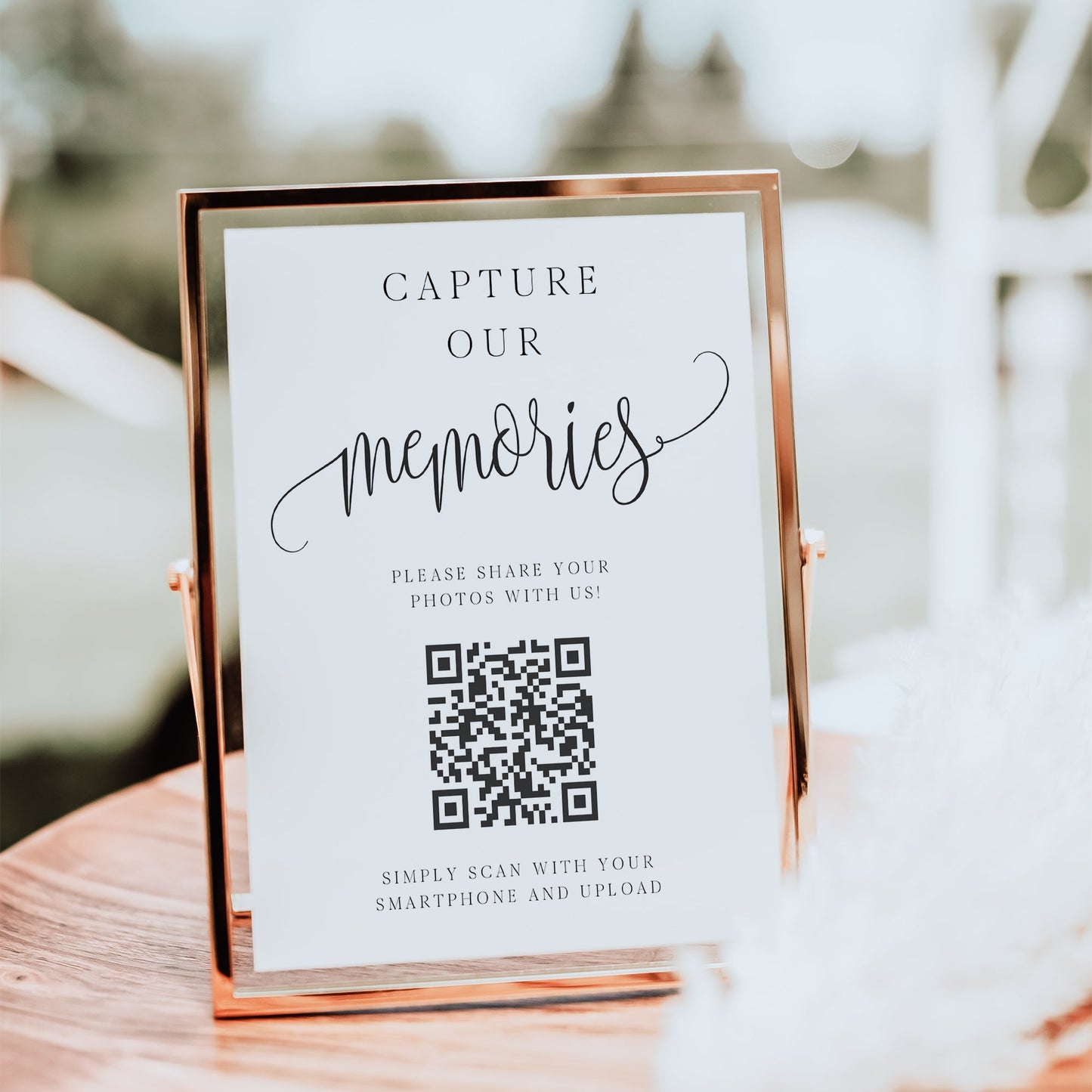 Minimalist black and white wedding photo sharing QR code sign template with calligraphy script and scan to upload instructions, editable in Canva