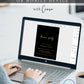 Black and gold dinner party invitation template with gold calligraphy script and elegant typography on black background, editable in Canva
