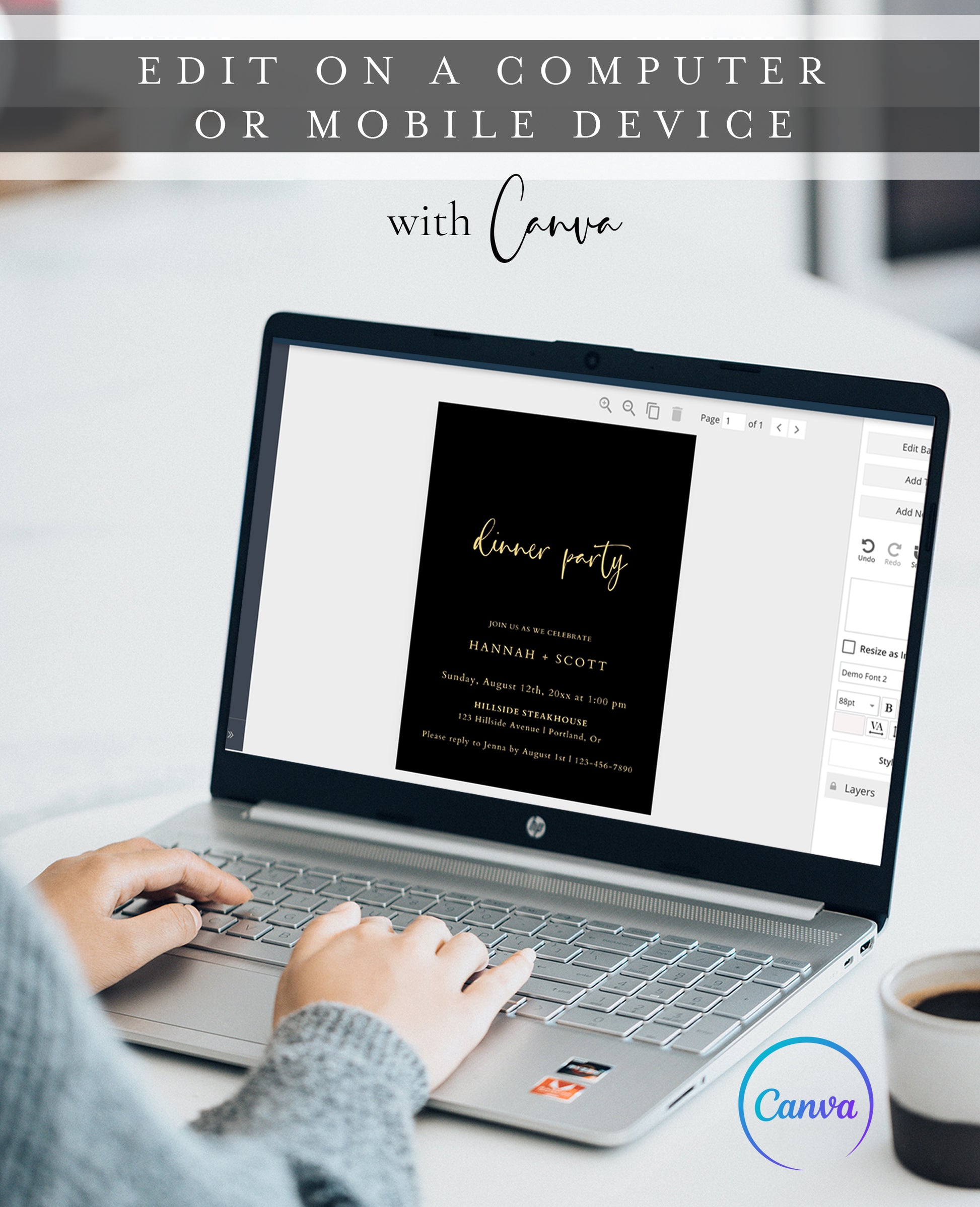Black and gold dinner party invitation template with gold calligraphy script and elegant typography on black background, editable in Canva