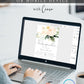 Peach and cream floral baby sprinkle invitation template with oversized watercolor peonies and dark green botanicals, editable in Canva