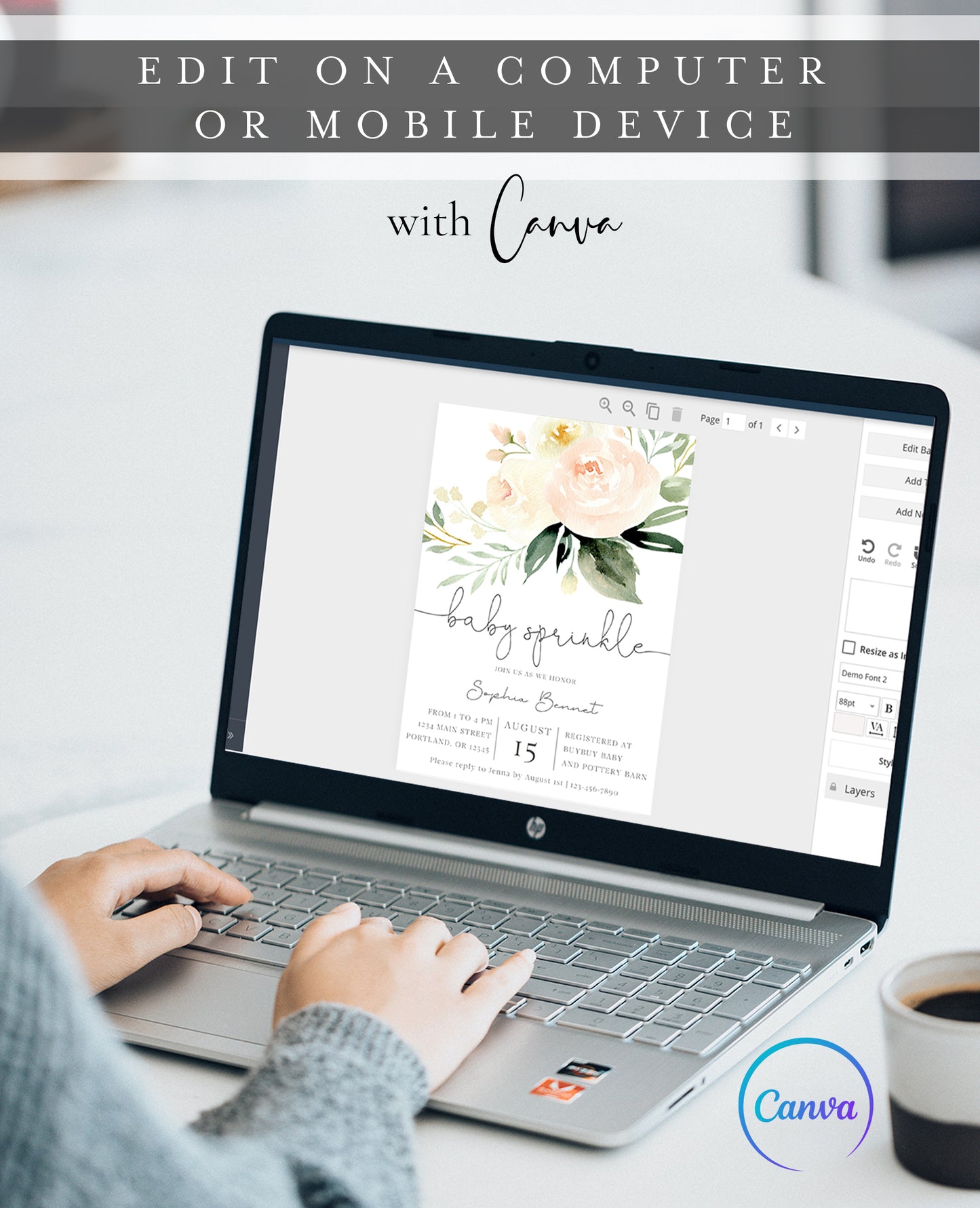 Peach and cream floral baby sprinkle invitation template with oversized watercolor peonies and dark green botanicals, editable in Canva
