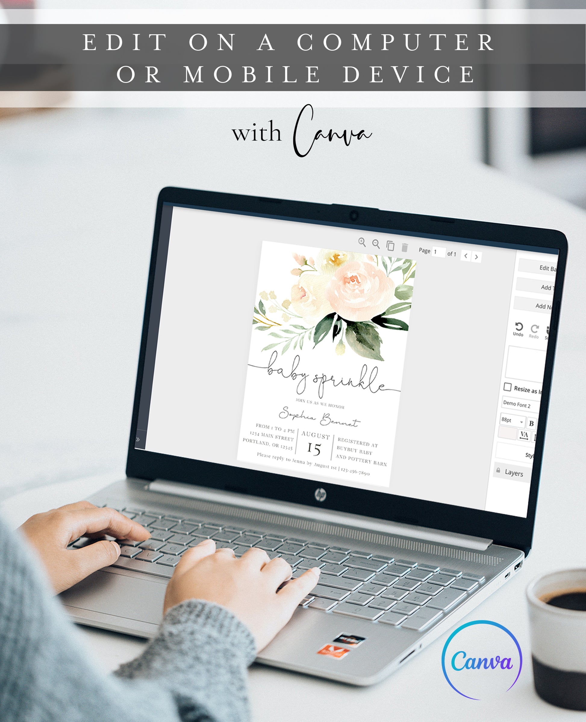 Peach and cream floral baby sprinkle invitation template with oversized watercolor peonies and dark green botanicals, editable in Canva