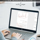 Latte minimalist bridal shower invitation template with oversized dusty rose calligraphy script and soft watercolor wash, editable in Canva