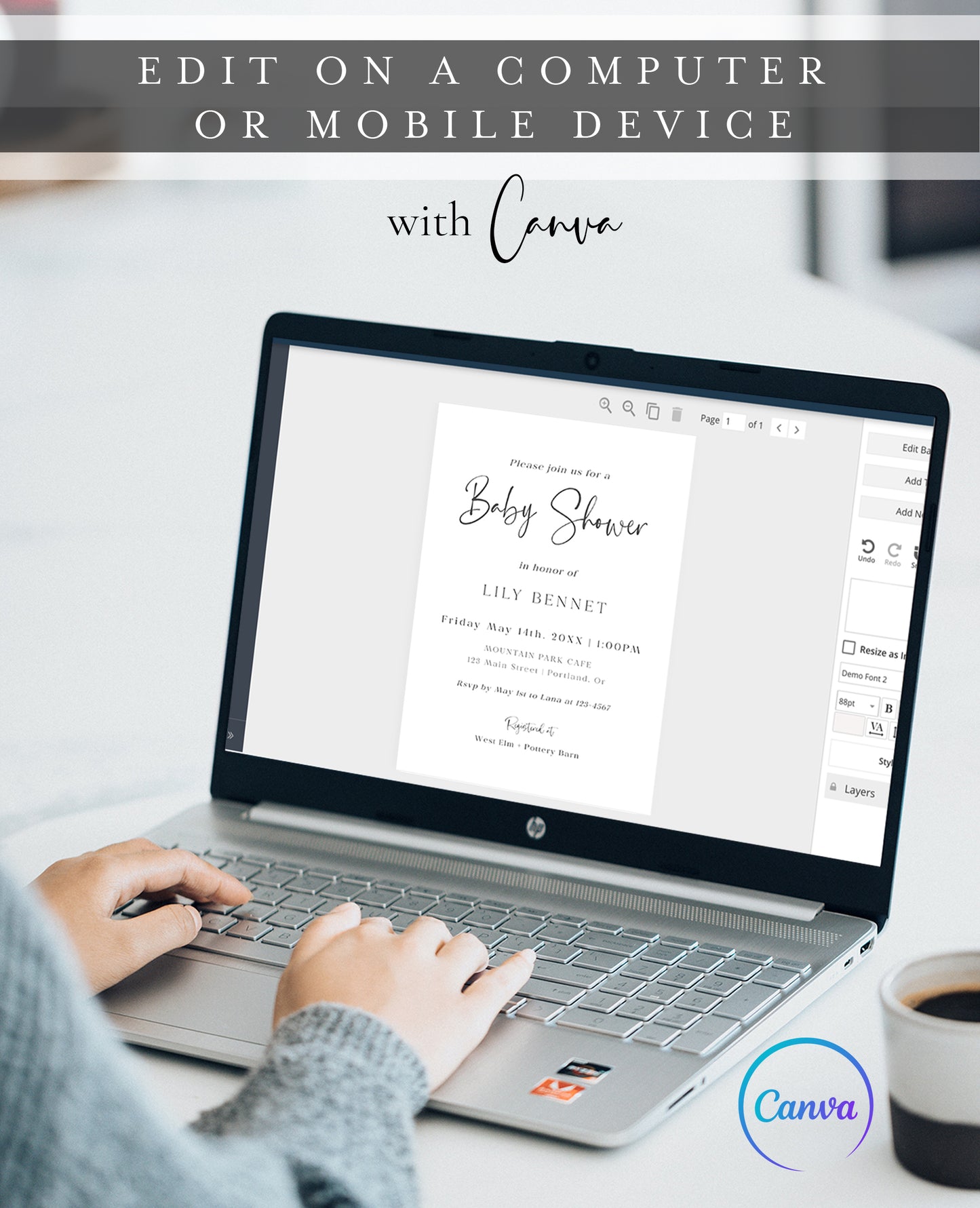 Minimalist black and white baby shower invitation template with bold calligraphy script and elegant spaced serif typography, editable in Canva