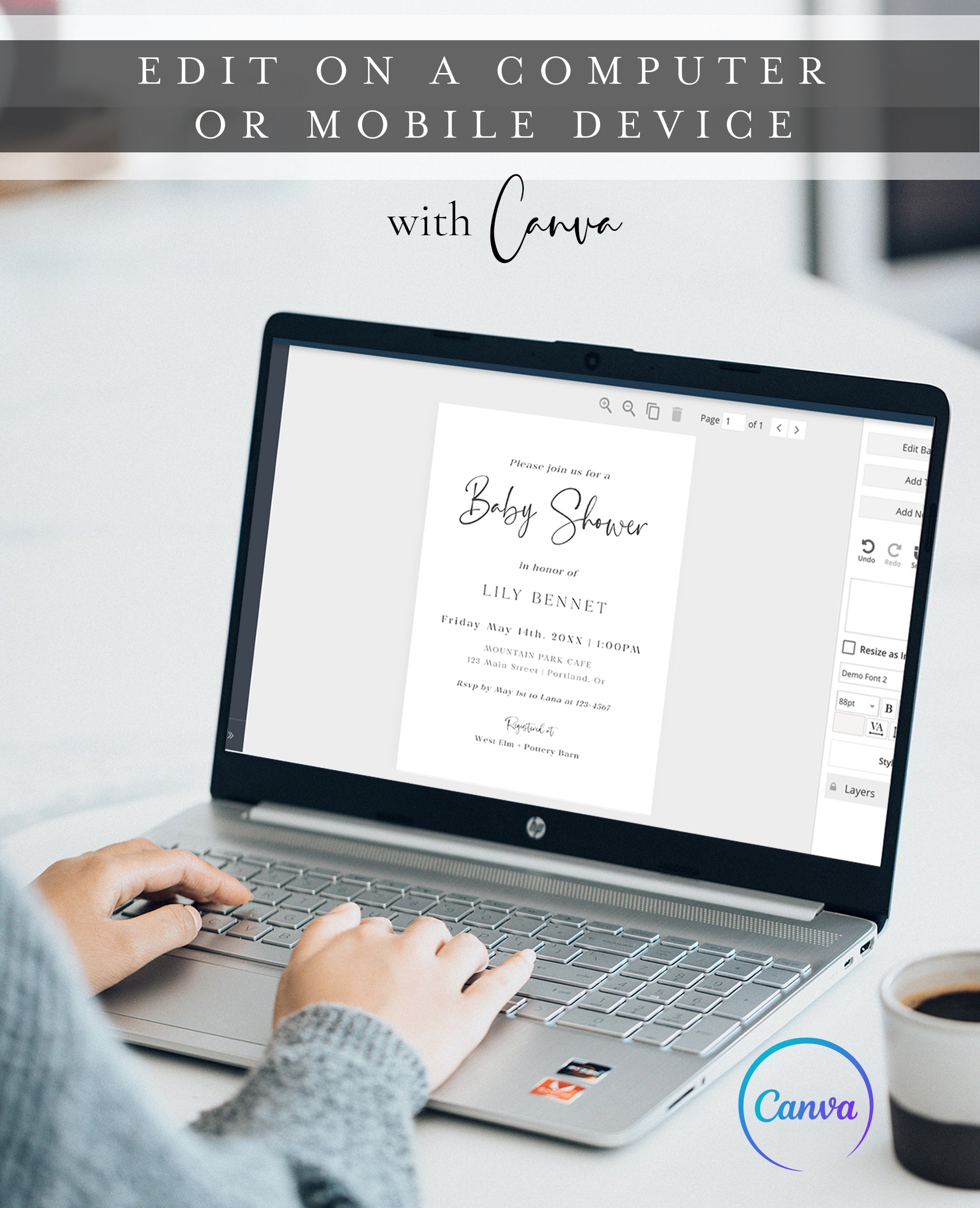 Minimalist black and white baby shower invitation template with bold calligraphy script and elegant spaced serif typography, editable in Canva